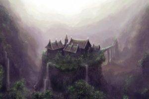 fantasy art, Digital art, Pixelated, Artwork, Castle, Fall, Mist, Forest, Waterfall