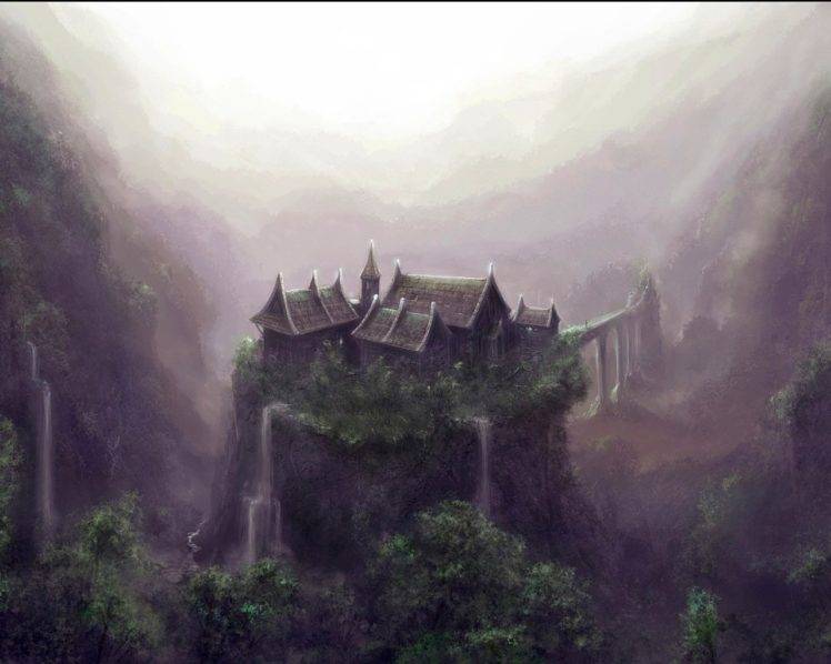 fantasy art, Digital art, Pixelated, Artwork, Castle, Fall, Mist, Forest, Waterfall HD Wallpaper Desktop Background