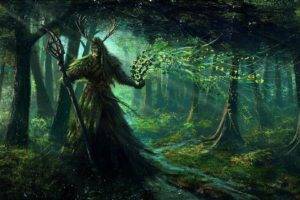 druids, Fantasy art, Digital art, Pixelated, Artwork, Science fiction, Trees, Forest, Plants, Dark, Creature, Water, Moon rays