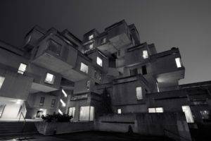 architecture, Monochrome, Building, Montreal, Canada, House, Lights, Night, Stairs, Modern, Cube, Clear sky, Window, Habitat 67, Expo 67, Moshe Safdie