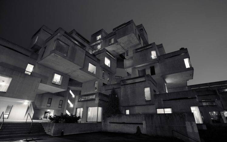 architecture, Monochrome, Building, Montreal, Canada, House, Lights, Night, Stairs, Modern, Cube, Clear sky, Window, Habitat 67, Expo 67, Moshe Safdie HD Wallpaper Desktop Background
