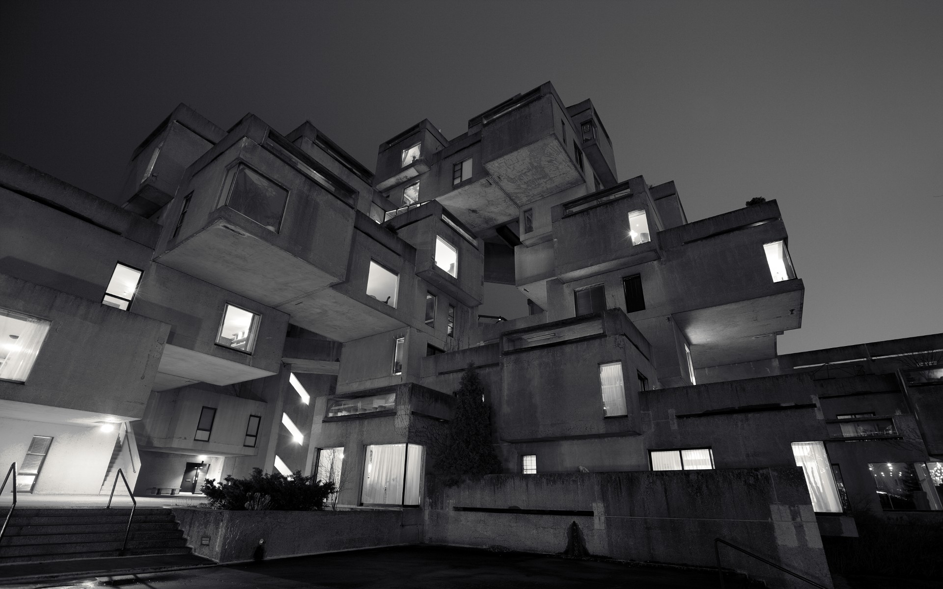 architecture, Monochrome, Building, Montreal, Canada, House, Lights, Night, Stairs, Modern, Cube, Clear sky, Window, Habitat 67, Expo 67, Moshe Safdie Wallpaper