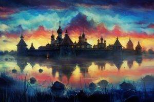 drawing, Painting, Monastery, Reflection, Clouds, Colorful
