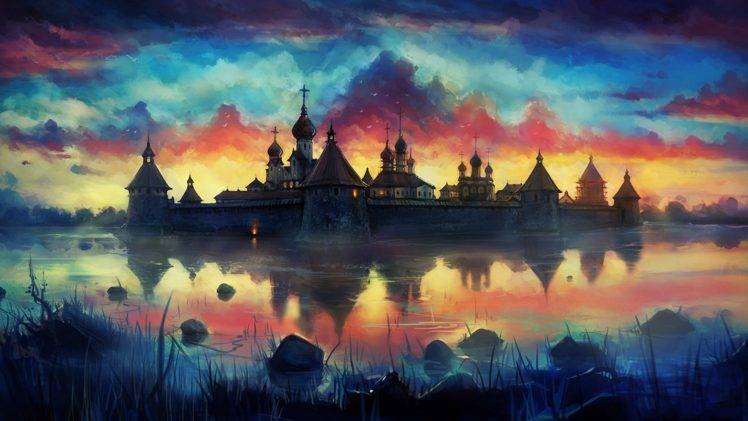 drawing, Painting, Monastery, Reflection, Clouds, Colorful HD Wallpaper Desktop Background