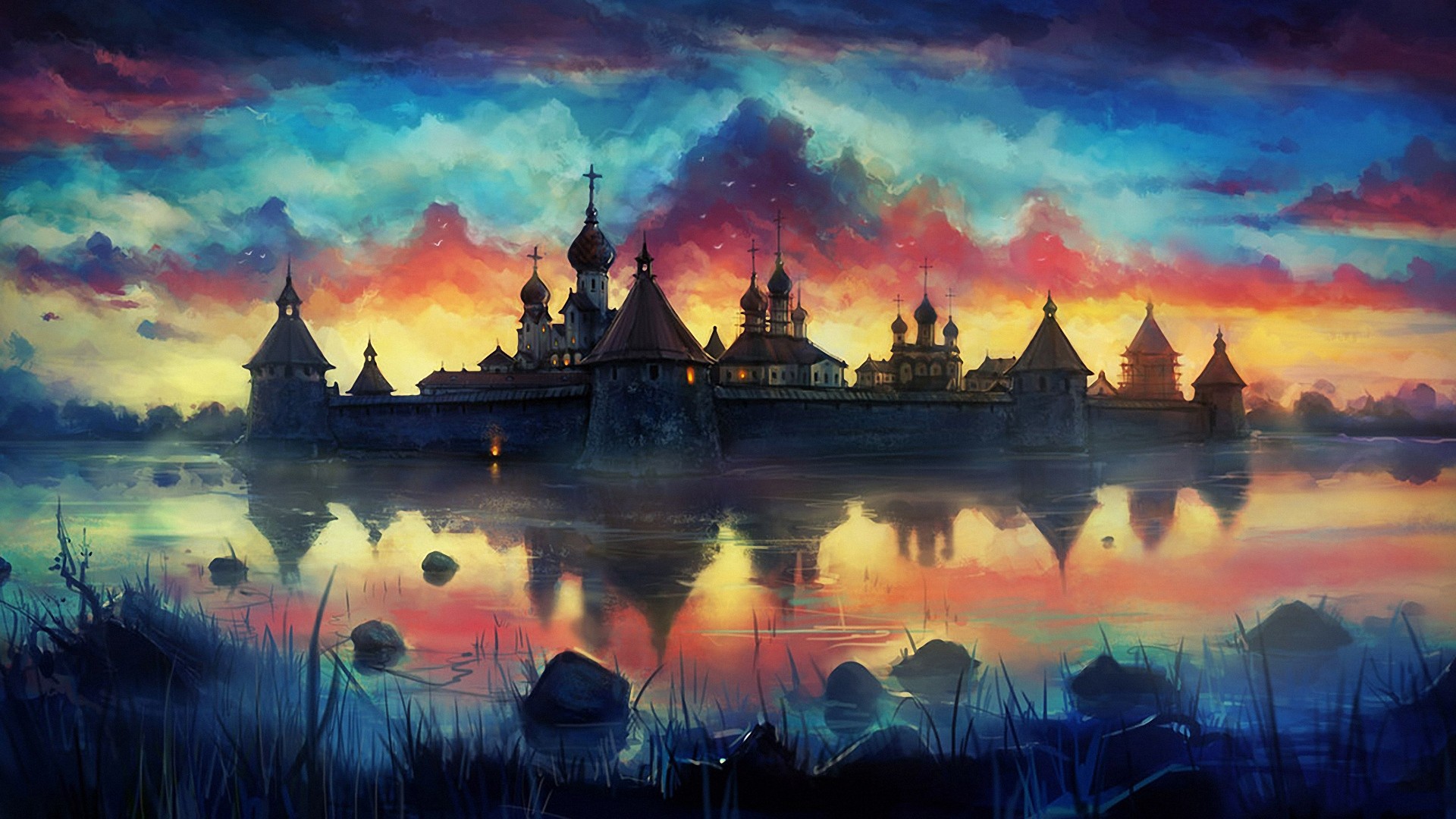 drawing, Painting, Monastery, Reflection, Clouds, Colorful Wallpaper
