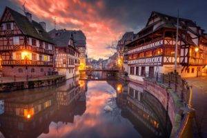 architecture, Building, City, Cityscape, Strasbourg, France, Old building, House, Lights, Sunset, Clouds, Evening, Reflection, River, Street, Bridge
