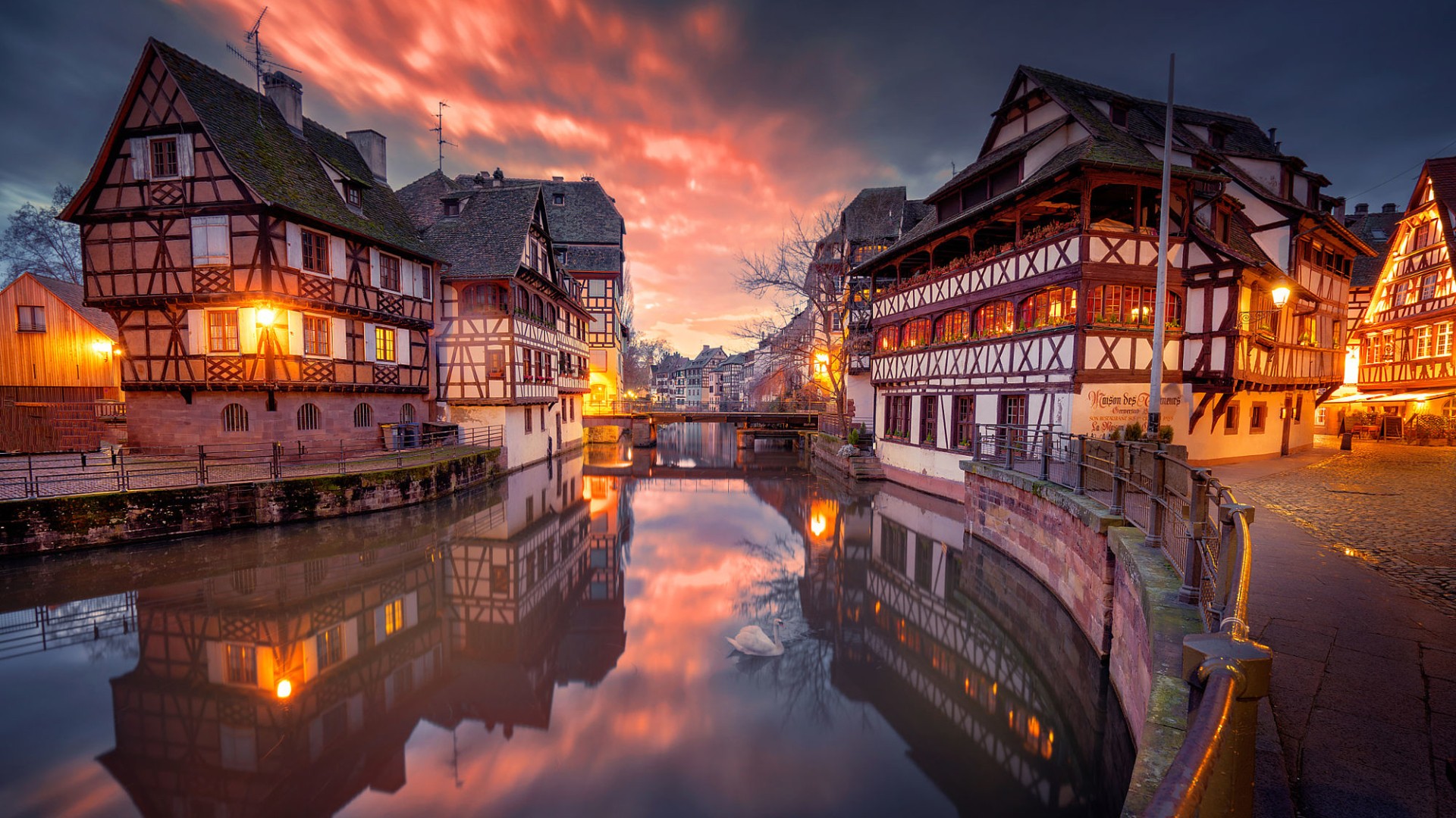 architecture, Building, City, Cityscape, Strasbourg, France, Old building, House, Lights, Sunset, Clouds, Evening, Reflection, River, Street, Bridge Wallpaper