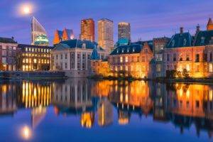 architecture, Building, City, Cityscape, Haag, Netherlands, River, Water, Reflection, House, Old building, Night, Evening, Lights, Trees, Skyscraper, Moon, Moonlight, Clouds