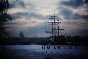 people, Walking, Sailing ship, Water, Sea, St. Petersburg, Russia, River, Winter, Snow, Frozen river, Clouds, City, Lights, Cityscape, Evening, Old building, Architecture, Bridge