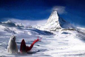 polar bears, Cloaks, Snow, Fantasy art, Winter, Mountains, Artwork