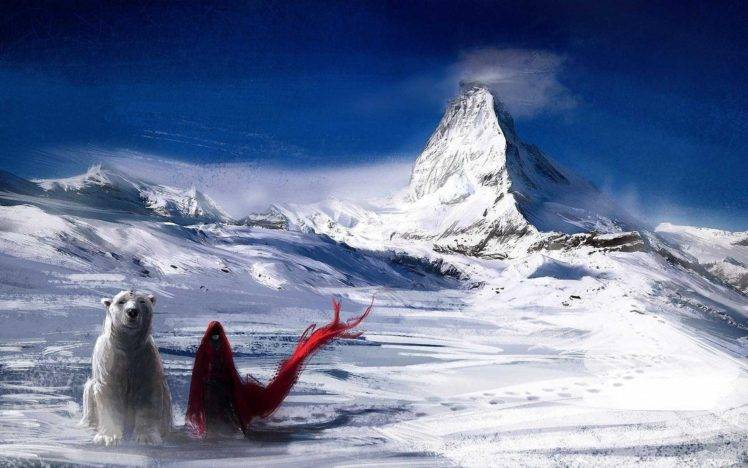 polar bears, Cloaks, Snow, Fantasy art, Winter, Mountains, Artwork HD Wallpaper Desktop Background