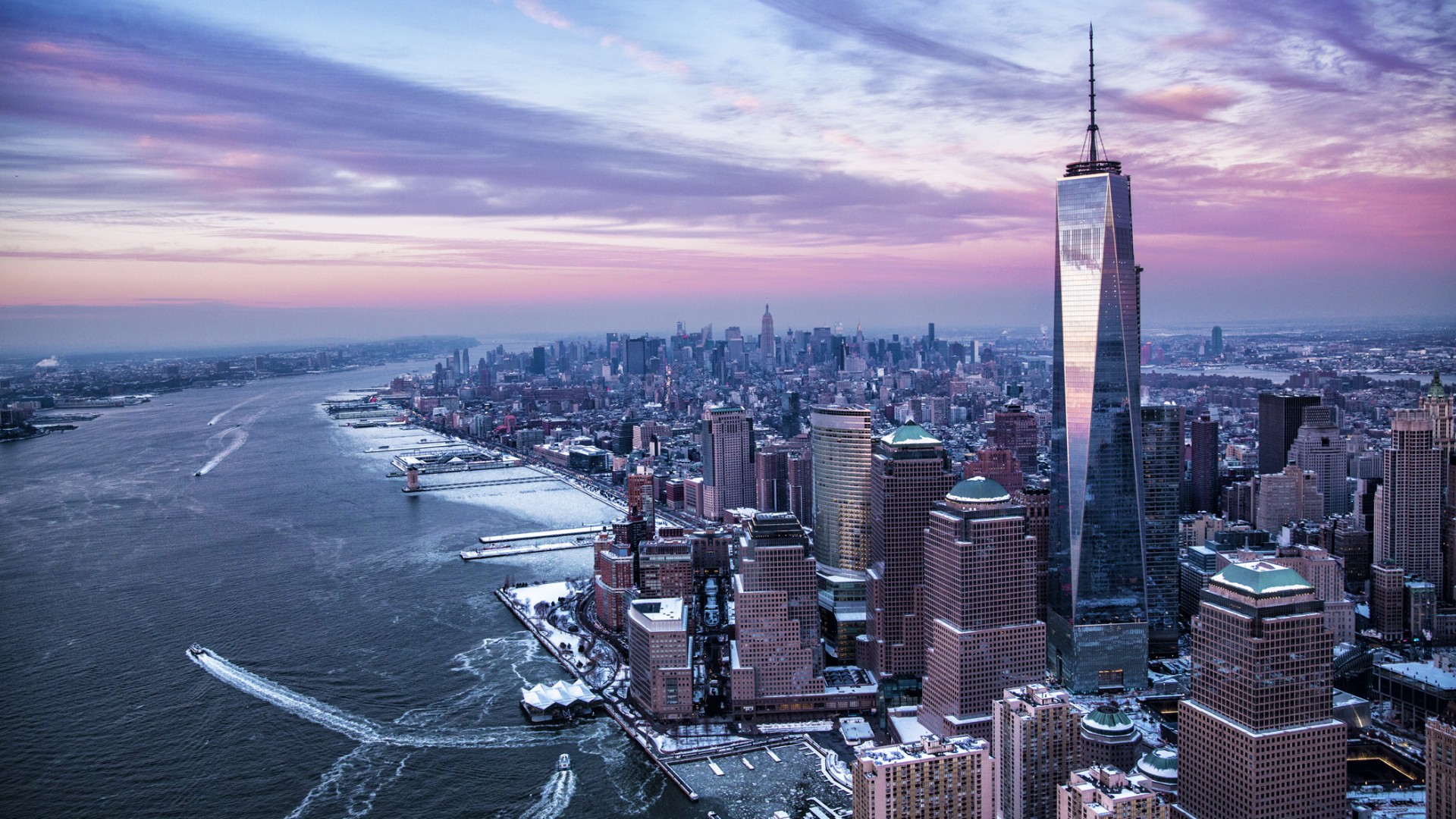 architecture, Building, Skyscraper, New York City, USA, Cityscape, Manhattan, One World Trade Center, Sunset, Clouds, Ship, Winter, Snow Wallpaper