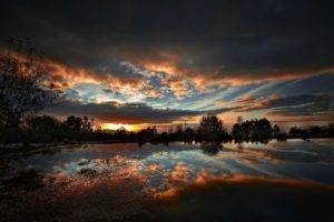 sunset, Nature, Lake, Trees, Clouds, HDR, Reflection