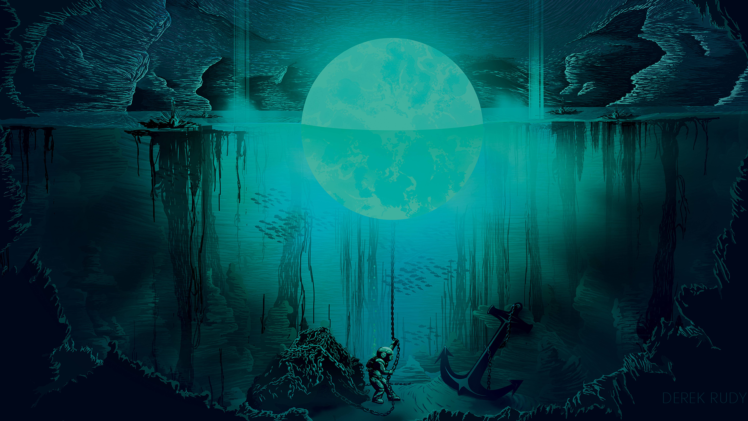 Derek Rudy, Divers, Moon, Digital art, Blue, Sea, Underwater, Artwork HD Wallpaper Desktop Background