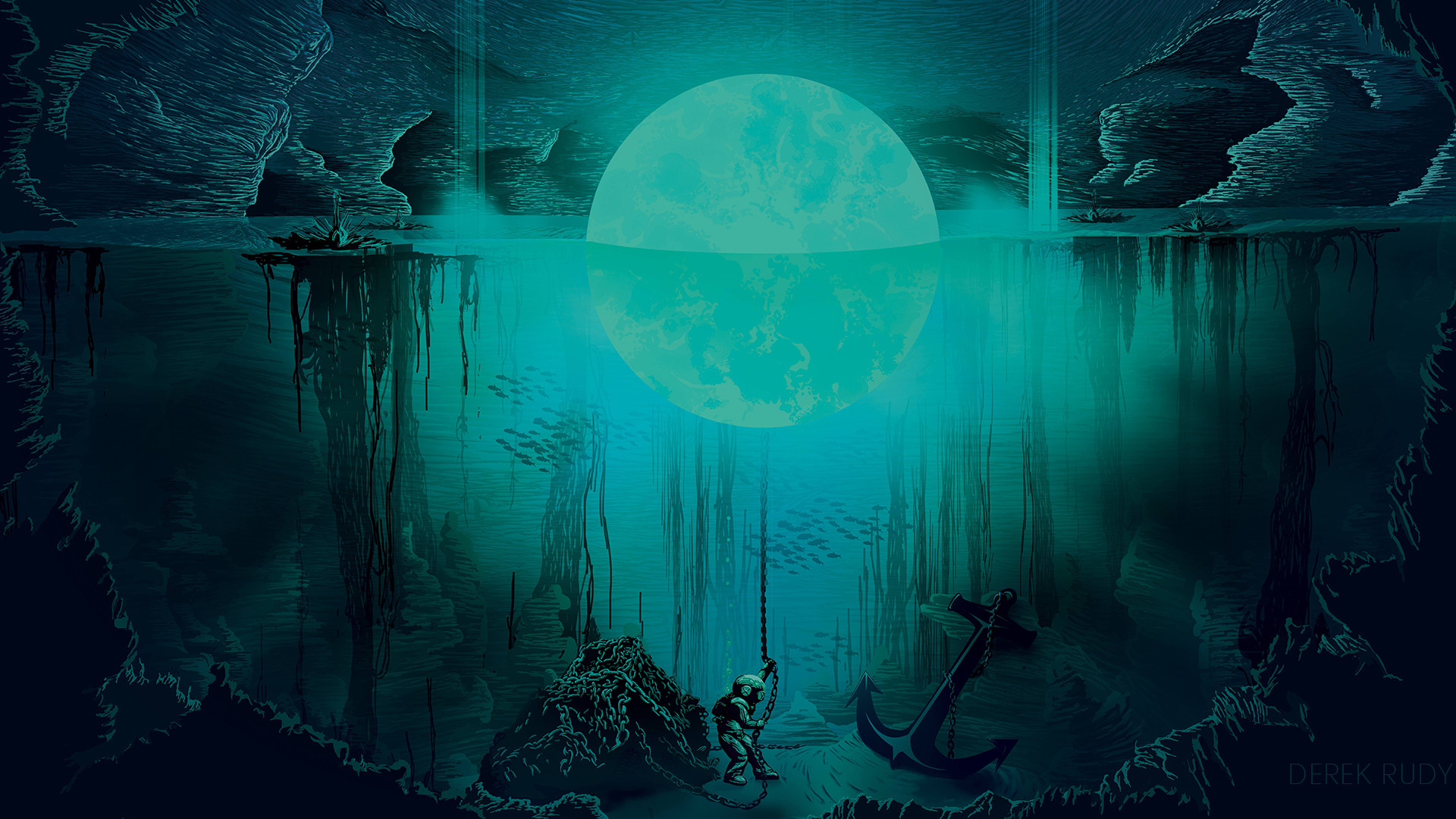 Derek Rudy, Divers, Moon, Digital art, Blue, Sea, Underwater, Artwork Wallpaper