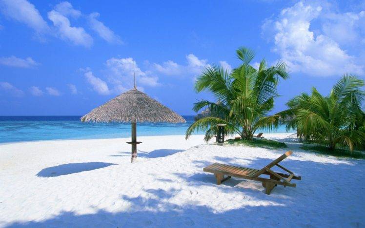 nature, Beach, Palm trees, Chair, Clouds, Sea, Horizon HD Wallpaper Desktop Background