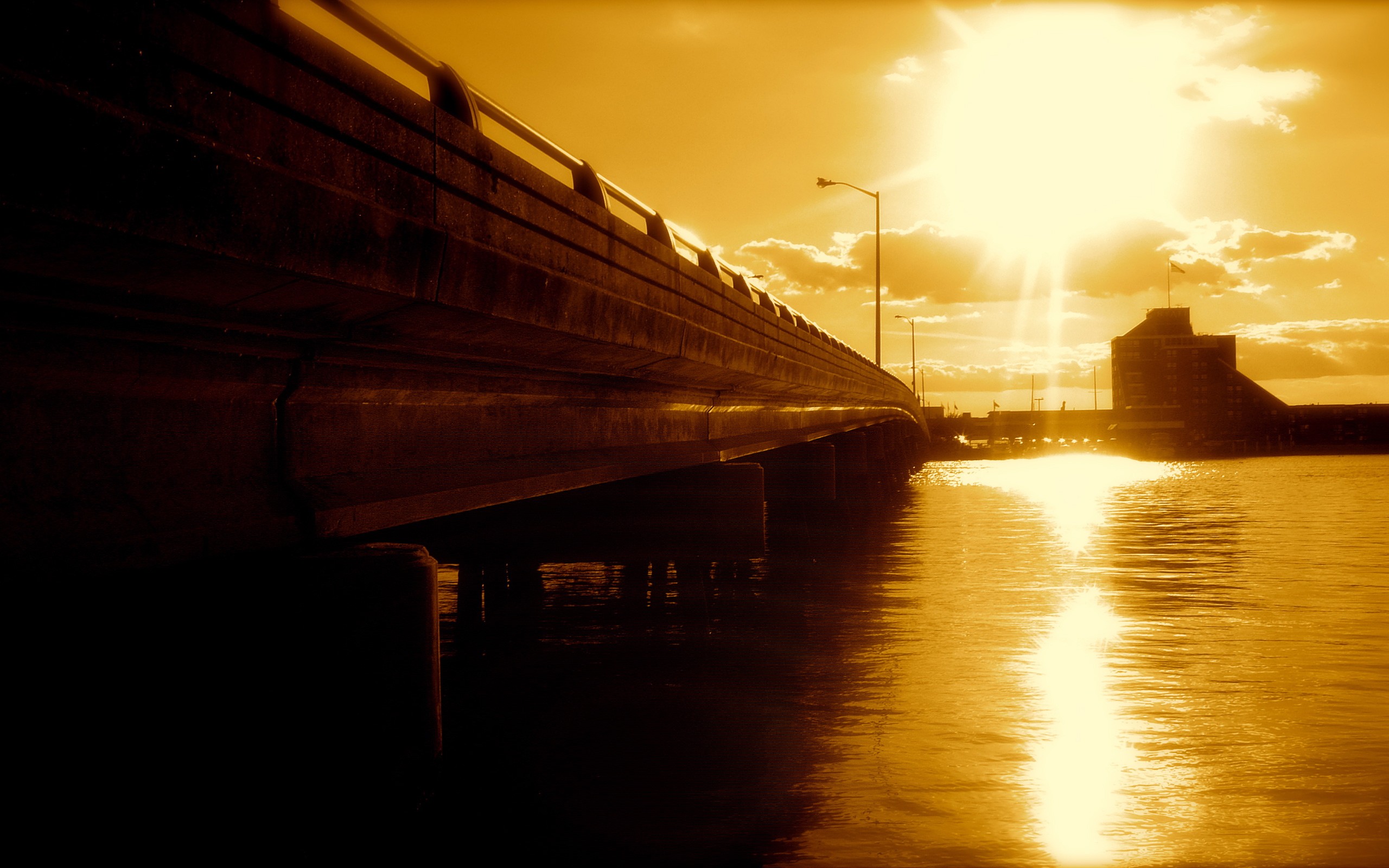 sunset, River, Bridge Wallpaper
