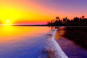 nature, Landscape, Sunset, Sea, Palm trees, Waves