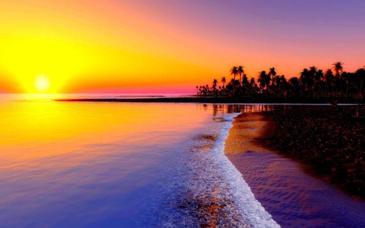 nature, Landscape, Sunset, Sea, Palm trees, Waves HD Wallpaper Desktop Background