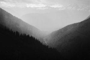 valley, Mist, Monochrome, Trees, Mountains, Landscape, Clouds