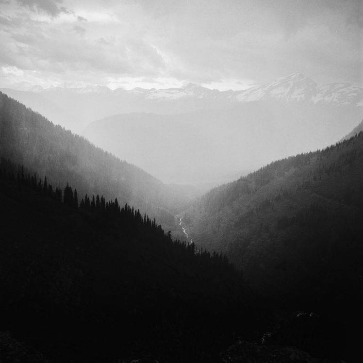 valley, Mist, Monochrome, Trees, Mountains, Landscape, Clouds HD Wallpaper Desktop Background