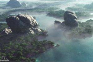 forest, Mountains, Rocks, 3D, Render, Digital art, CGI