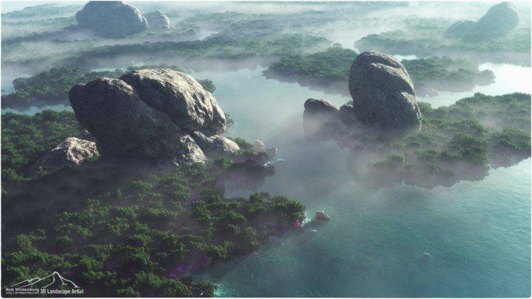 forest, Mountains, Rocks, 3D, Render, Digital art, CGI HD Wallpaper Desktop Background