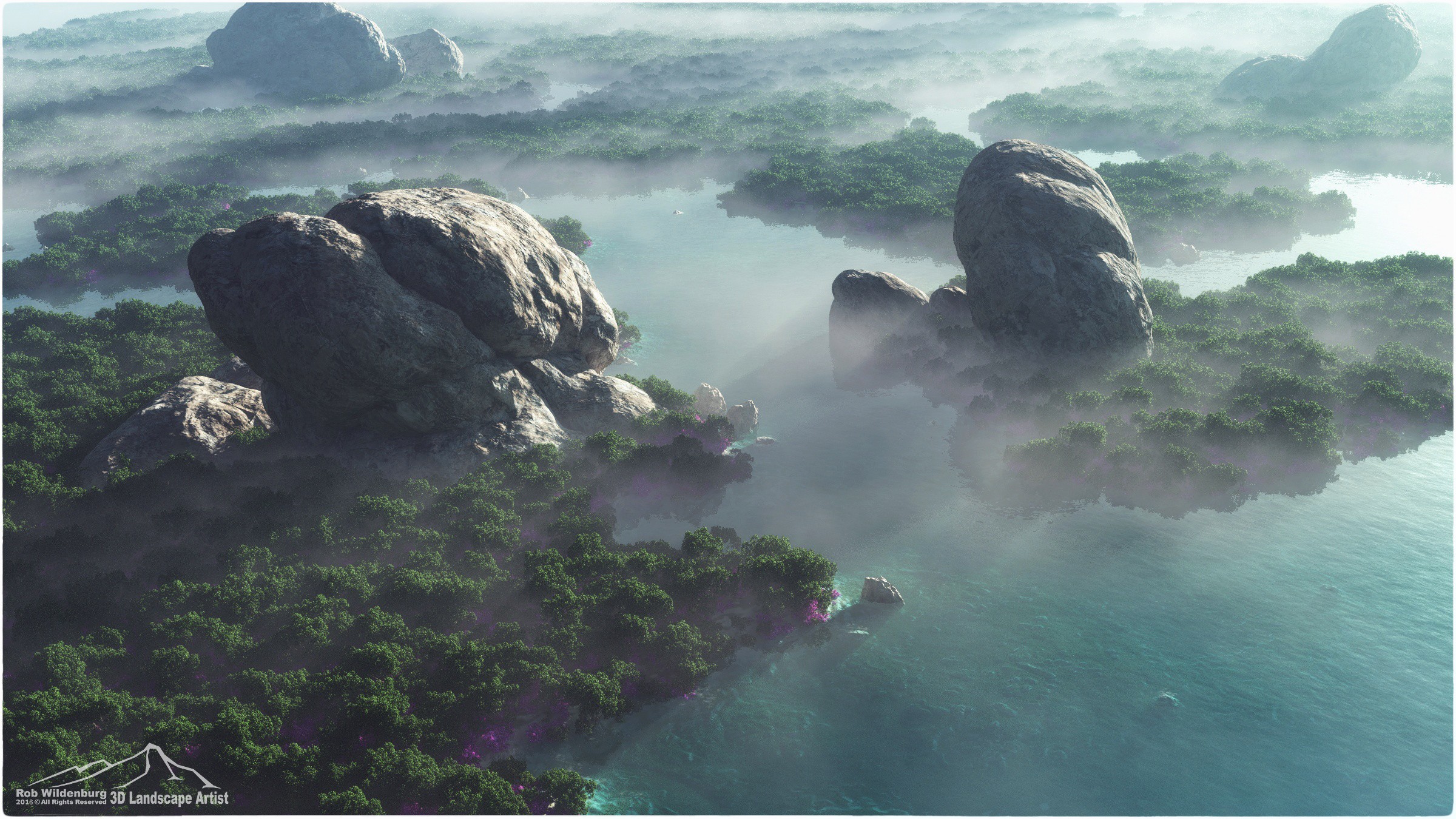 forest, Mountains, Rocks, 3D, Render, Digital art, CGI Wallpaper