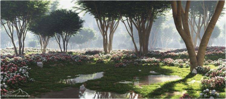 flowers, Trees, 3D, Nature, Render, CGI, Digital art HD Wallpaper Desktop Background