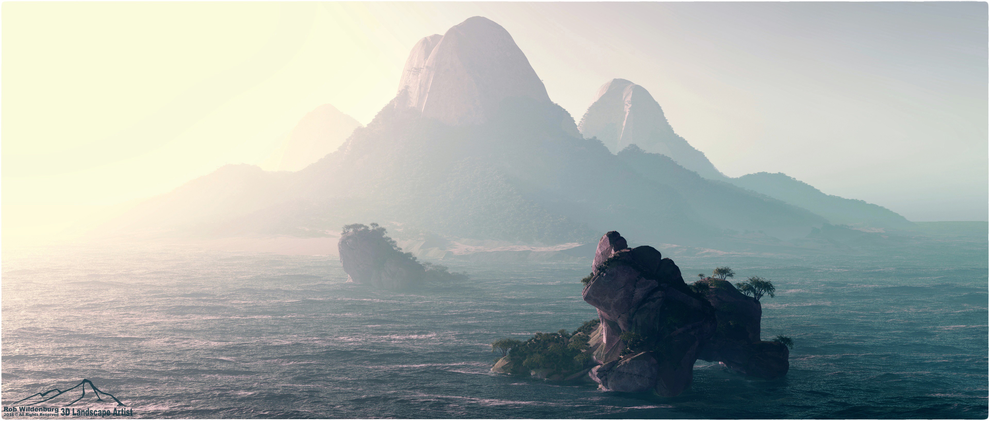mountains, Sea, Render, 3D, Digital art Wallpaper