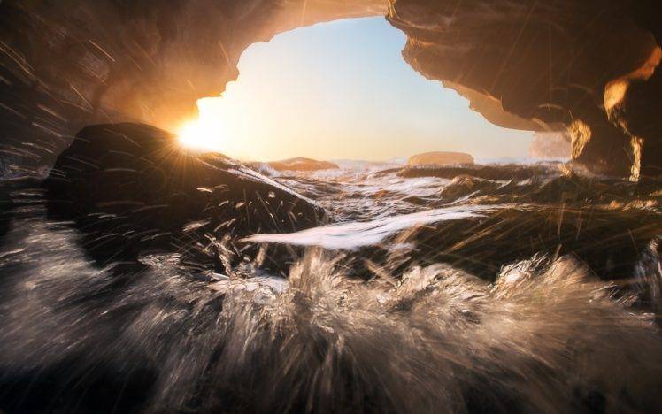 Cameron Sandercock, Macro, Water, Cave, Rocks, Sun, Sunset, Waves HD Wallpaper Desktop Background