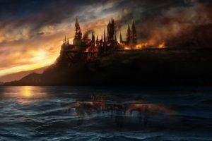 fantasy art, Fire, Sea, Clouds, Reflection, Hogwarts, Harry Potter and the Deathly Hallows, Movies