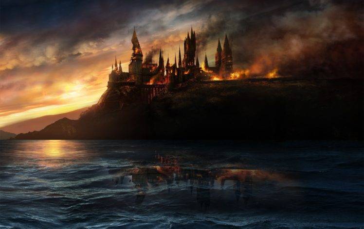 fantasy art, Fire, Sea, Clouds, Reflection, Hogwarts, Harry Potter and the Deathly Hallows, Movies HD Wallpaper Desktop Background