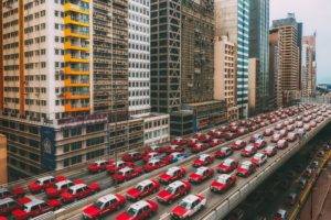 taxi, Hong Kong, City, Cityscape, Vehicle, Red cars, China, Traffic