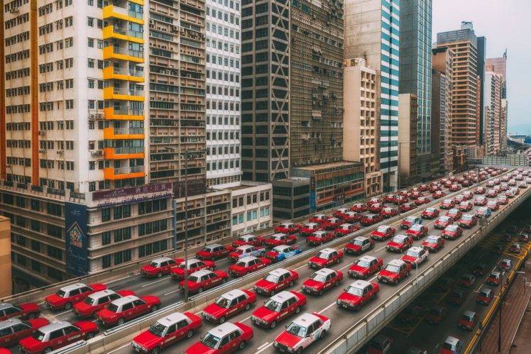 taxi, Hong Kong, City, Cityscape, Vehicle, Red cars, China, Traffic HD Wallpaper Desktop Background