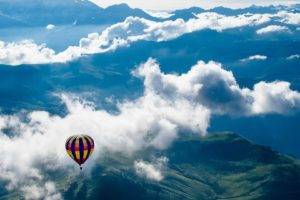 mountains, Clouds, Hot air balloons