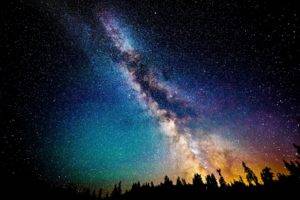 stars, Milky Way, Trees, Forest, Colorful