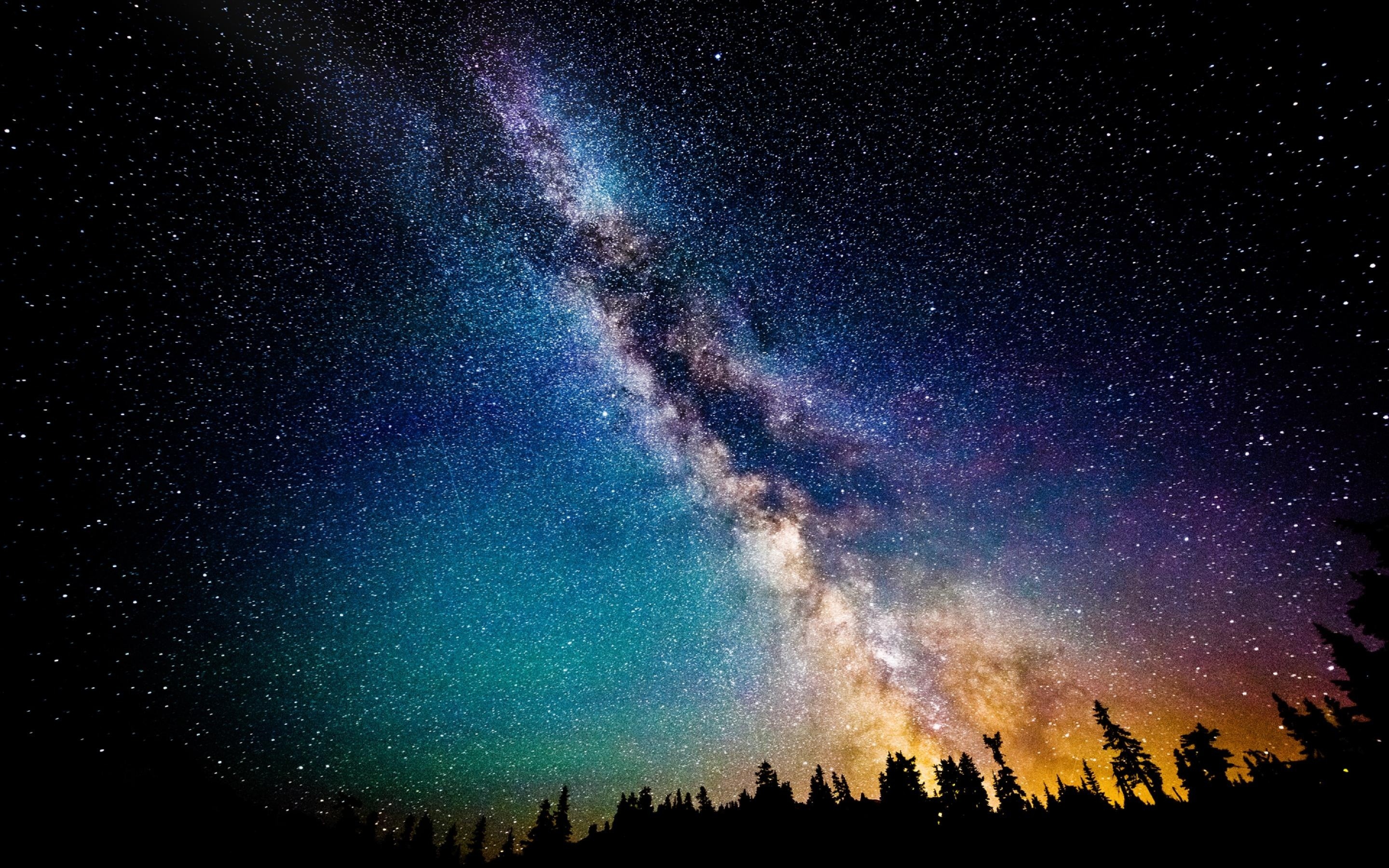 stars, Milky Way, Trees, Forest, Colorful Wallpaper