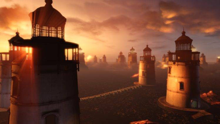 BioShock, BioShock Infinite, Video games, Screen shot, Lighthouse, Beacon, Sky, Sunset HD Wallpaper Desktop Background