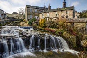 nature, Landscape, Waterfall, Water, Rock, Clouds, England, UK, Stream, Long exposure, Old building, House, Trees, Stones, Plants, Village, Hills