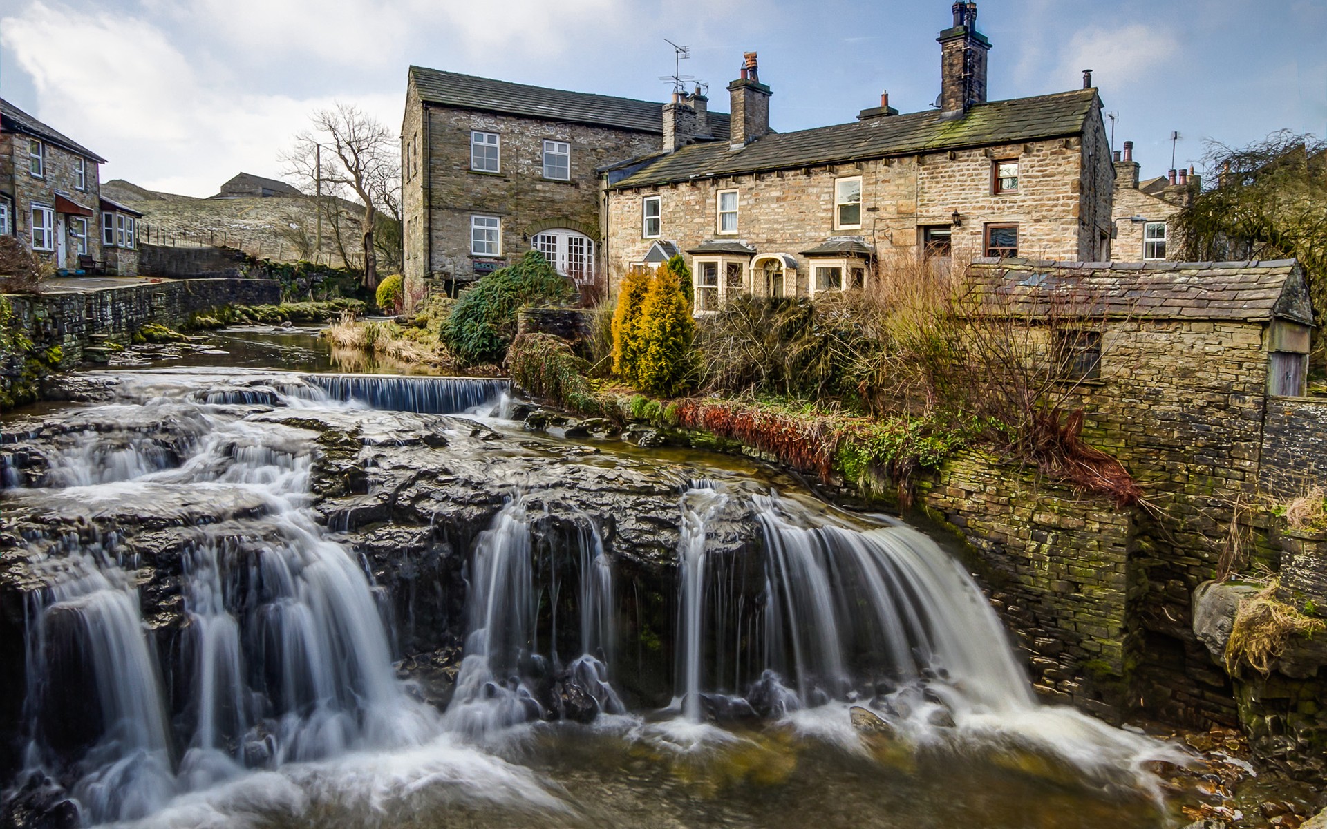 nature, Landscape, Waterfall, Water, Rock, Clouds, England, UK, Stream, Long exposure, Old building, House, Trees, Stones, Plants, Village, Hills Wallpaper