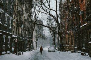 winter, Street, City, Snow, Trees, Road