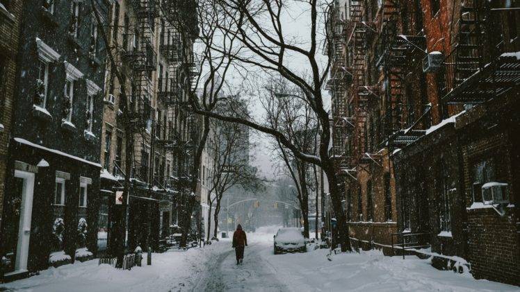 winter, Street, City, Snow, Trees, Road HD Wallpaper Desktop Background