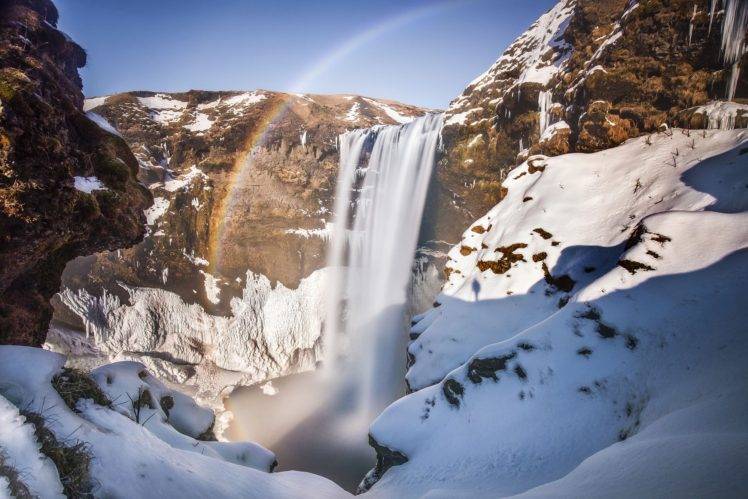 rainbows, Waterfall, Winter, Snow, Snow flakes HD Wallpaper Desktop Background