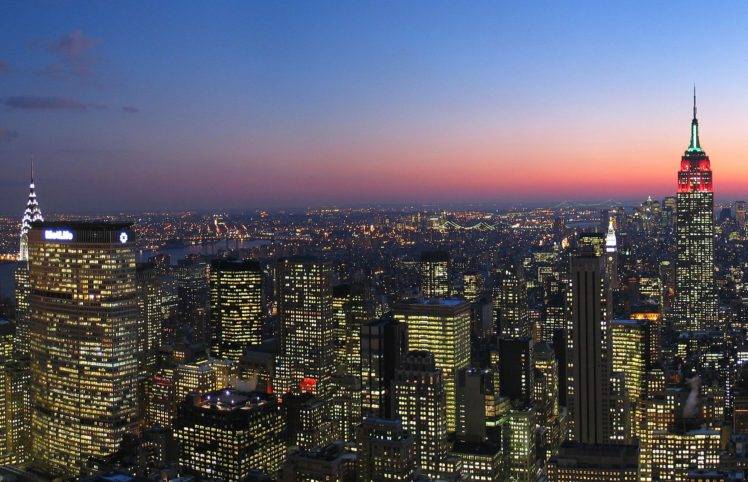 pure, New York City, Sunset, Lights, City lights, Sky HD Wallpaper Desktop Background