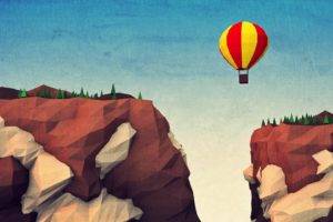 abstract, Pixelated, Digital art, Artwork, Minimalism, Low poly, Hot air balloons, Mountains, Snow, Sky