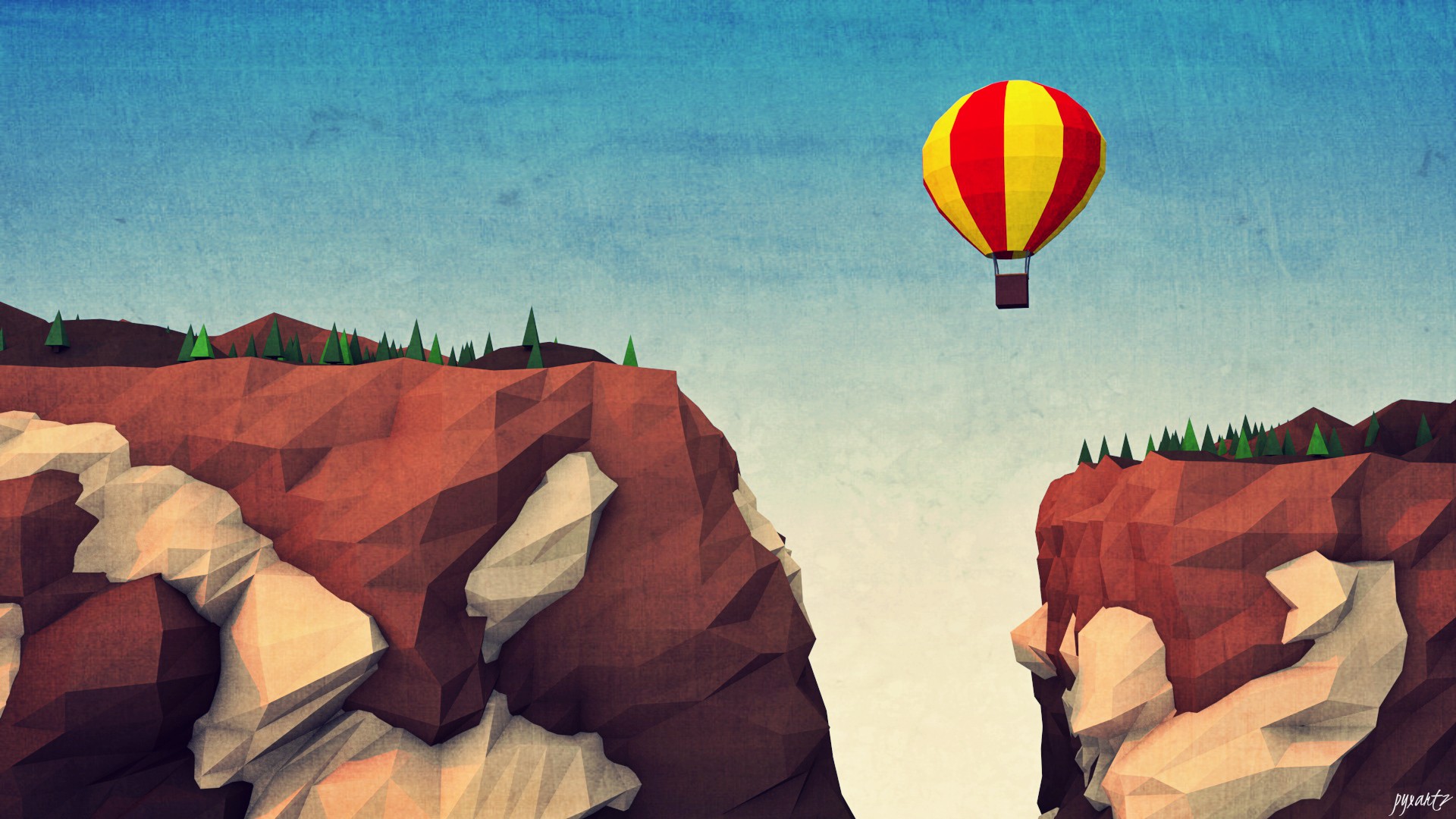 abstract, Pixelated, Digital art, Artwork, Minimalism, Low poly, Hot air balloons, Mountains, Snow, Sky Wallpaper