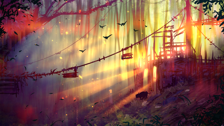 digital art, Landscape, Forest, Sun rays, Birds HD Wallpaper Desktop Background