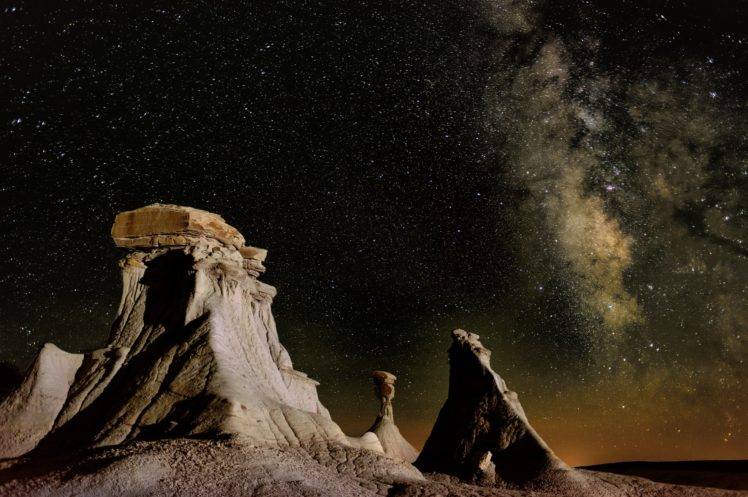 nature, Landscape, Mountains, New Mexico, USA, Night, Stars, Rock, Desert, Milky Way HD Wallpaper Desktop Background