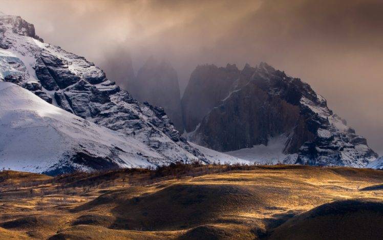 nature, Landscape, Mountains, Chile, Andes, Hills, Winter, Snow, Mist, Sunlight, Trees, Rock HD Wallpaper Desktop Background